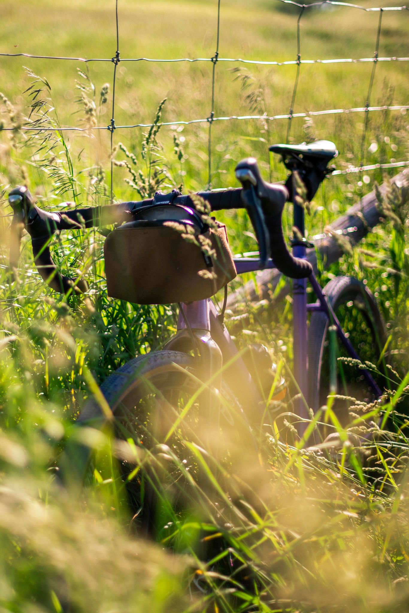 Un vélo de gravel accoté sur une clôture dans un champ